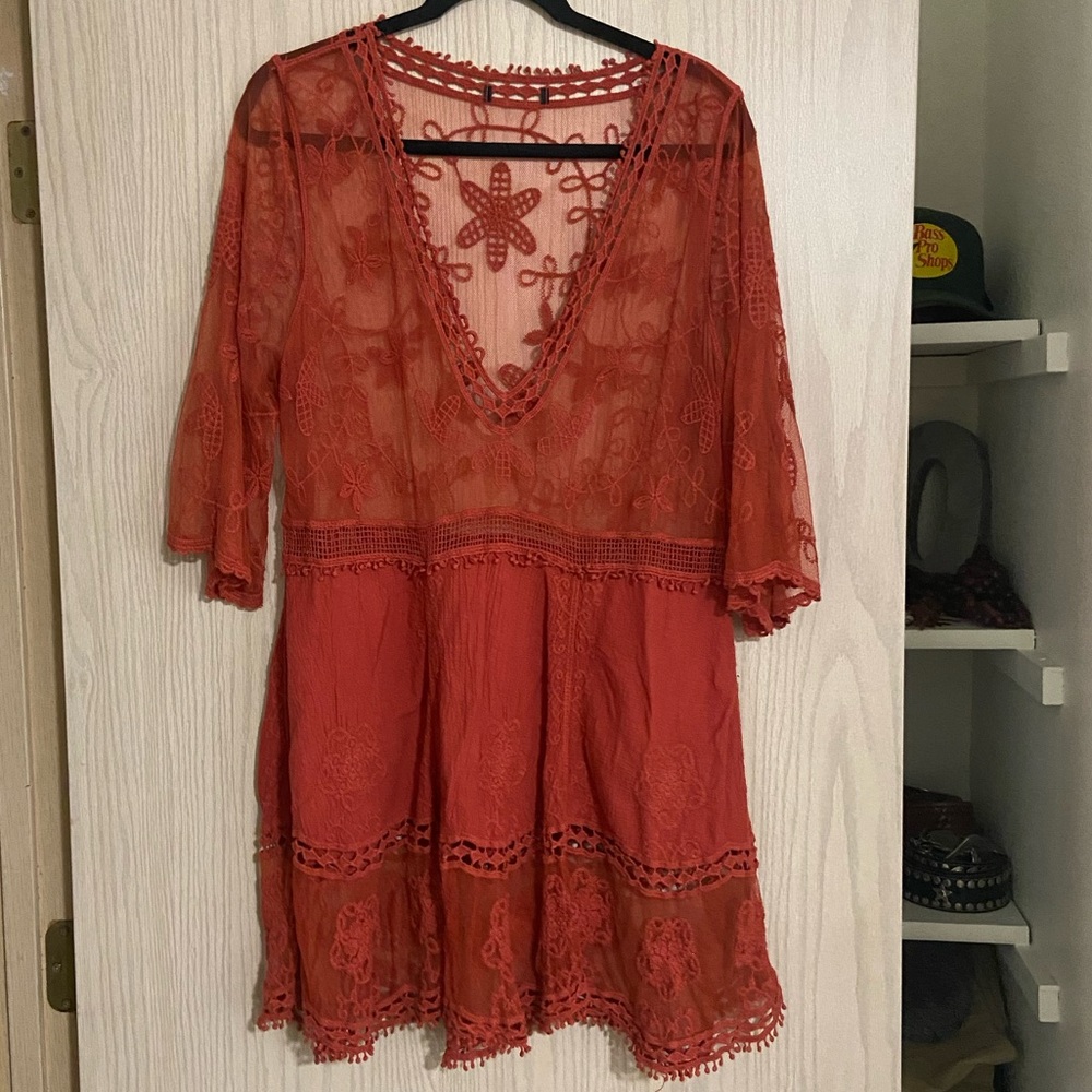 Red Sheer Embroidered Dress
